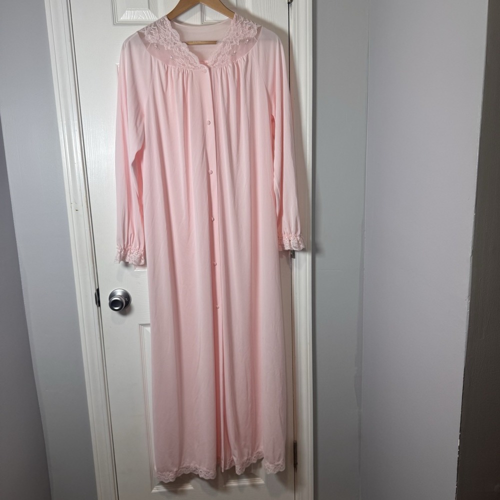 Vintage Shadowline Pink Nylon Nightgown M Lace Roses Long Sleeve Cottagecore